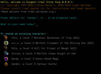 A view of DCSS's new splash screen, with tiles interaction